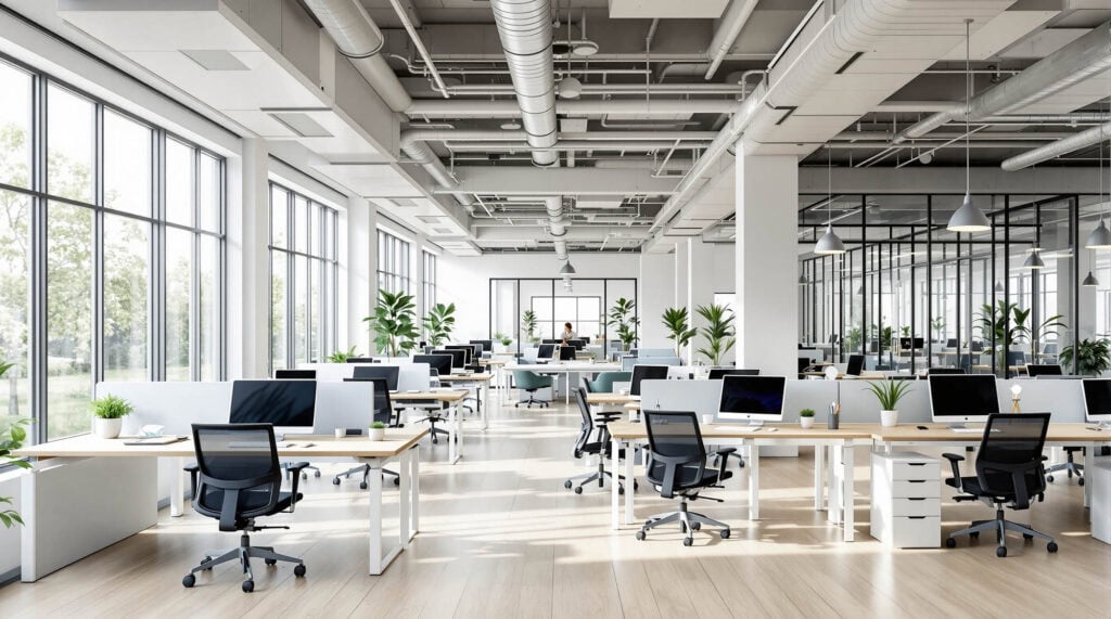 an office with computers and tables