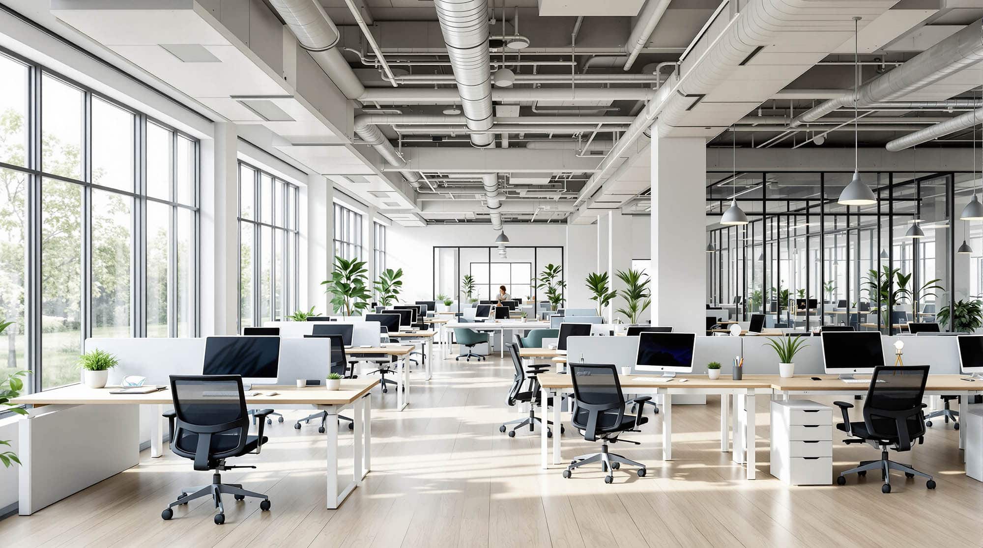 an office with computers and tables